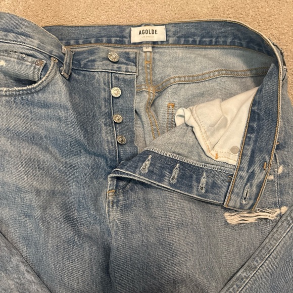 Agolde Light Blue Ripped Straight Leg Jeans - Picture 3 of 5
